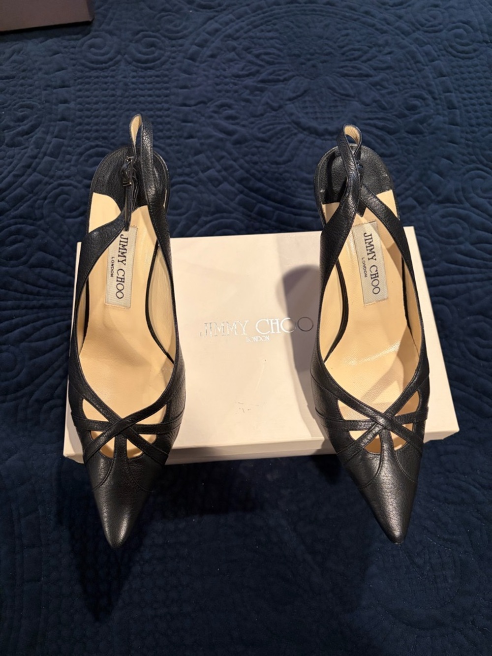 Jimmy Choo Black Pointed Leather Slingback Pumps with Cutout Straps - Picture 3 of 3
